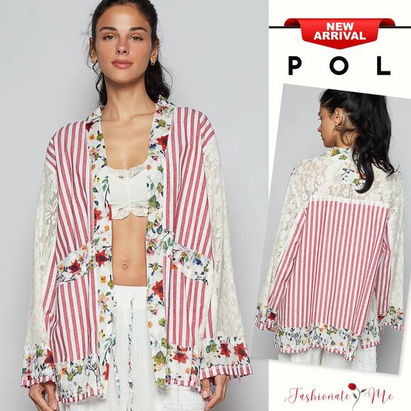 POL Lace Long Sleeves Striped Floral Patchwork Open Front Cardigan | Scarlet - Picture 1 of 4
